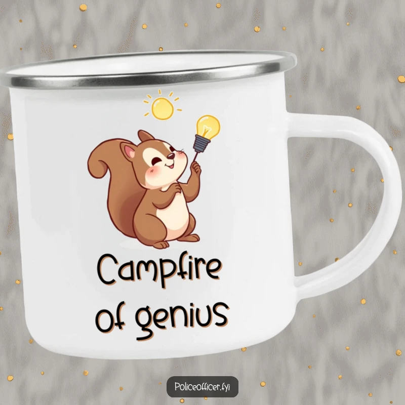 Funny squirrel camping mug featuring a cheerful squirrel with a lightbulb, perfect for outdoor thinkers and adventurers.