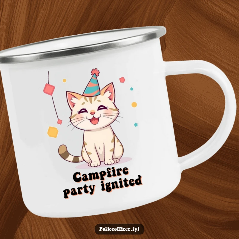 Funny party cat camping mug featuring a cat in a hat batting at shapes, perfect for outdoor celebrations and fun.