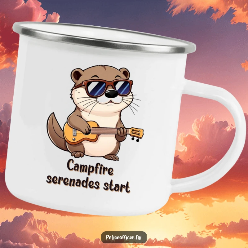 Funny camping mug featuring a cool otter wearing shades and a confident smirk, playing a miniature instrument for outdoor fun.