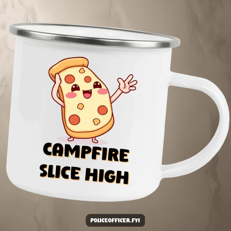 Funny pizza camping mug featuring a smiling pizza slice giving a playful high-five, ideal for outdoor enjoyment.