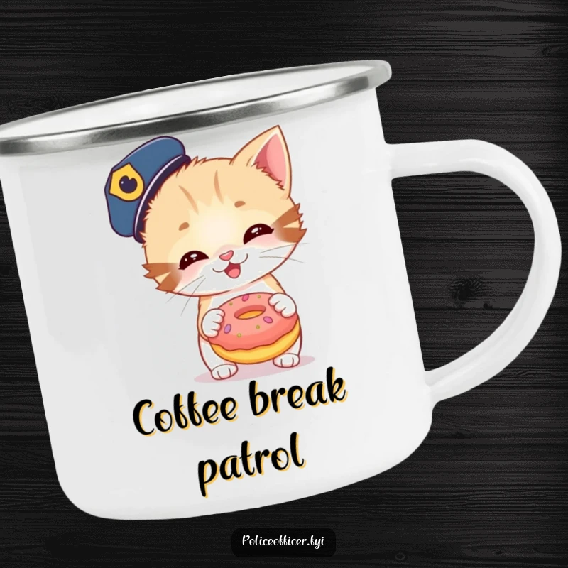 Funny camping mug with a giggling kitten police officer holding a huge donut. Great for outdoor enthusiasts.