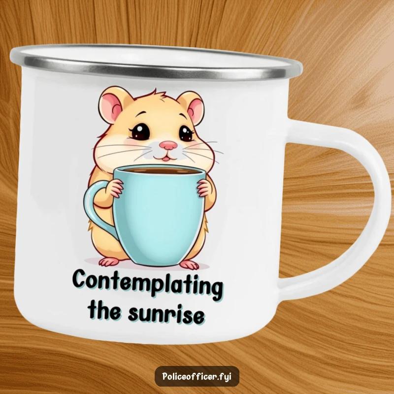 Funny Hamster Camping Mug featuring a chubby hamster with a giant coffee cup, looking thoughtful, perfect for outdoor contemplation, a funny gift.