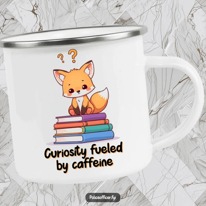 Funny camping mug with a curious fox cub on books, a question mark symbolizing its pondering nature, great for outdoor enthusiasts.
