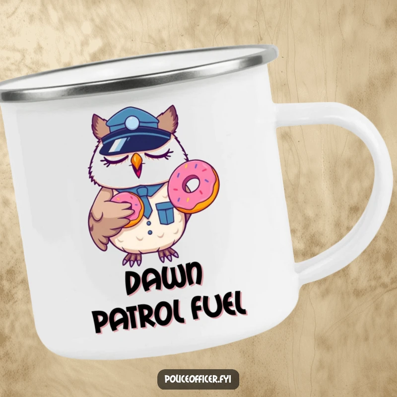 Funny sleepy owl police officer camping mug, yawning with a donut, durable and humorous outdoor mug.