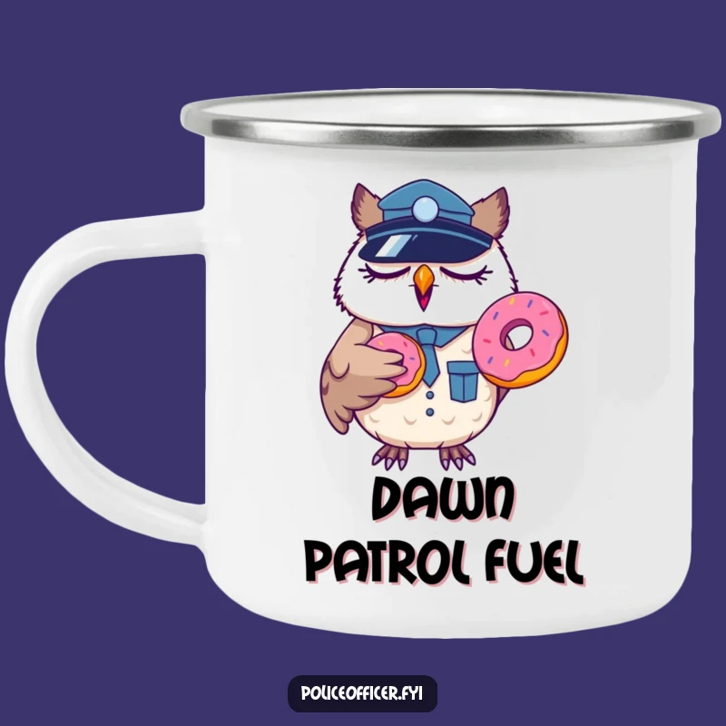 Funny Sleepy Owl Officer Camping Mug: Yawning Cop Donut Adventure