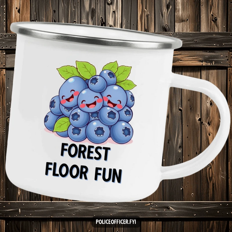 Funny bunch of blueberries giggling and tumbling on a durable camping mug, ideal for outdoor use.