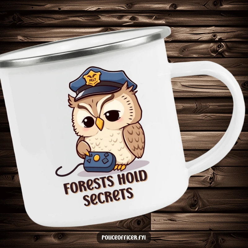 Funny Owl Detective Camping Mug: Wise owl in a police cap looking at a remote control, styled for outdoor adventures, bringing intellectual humor to nature.