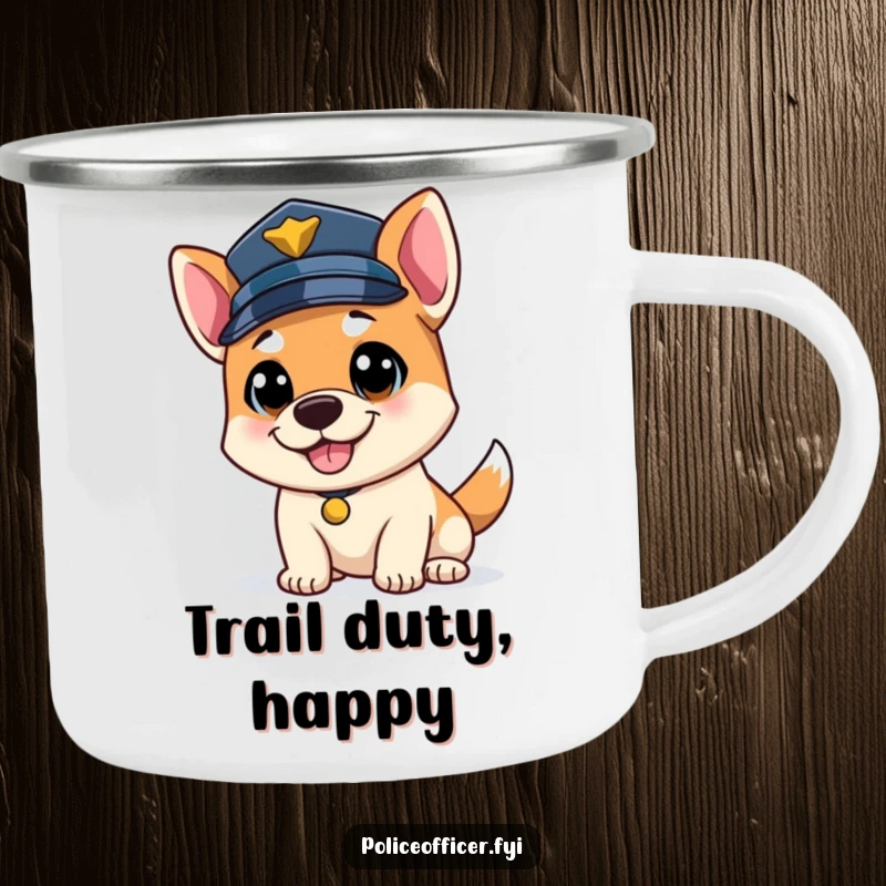 Funny bouncy dog police officer camping mug, tail wagging, wearing a police cap, outdoor humor.