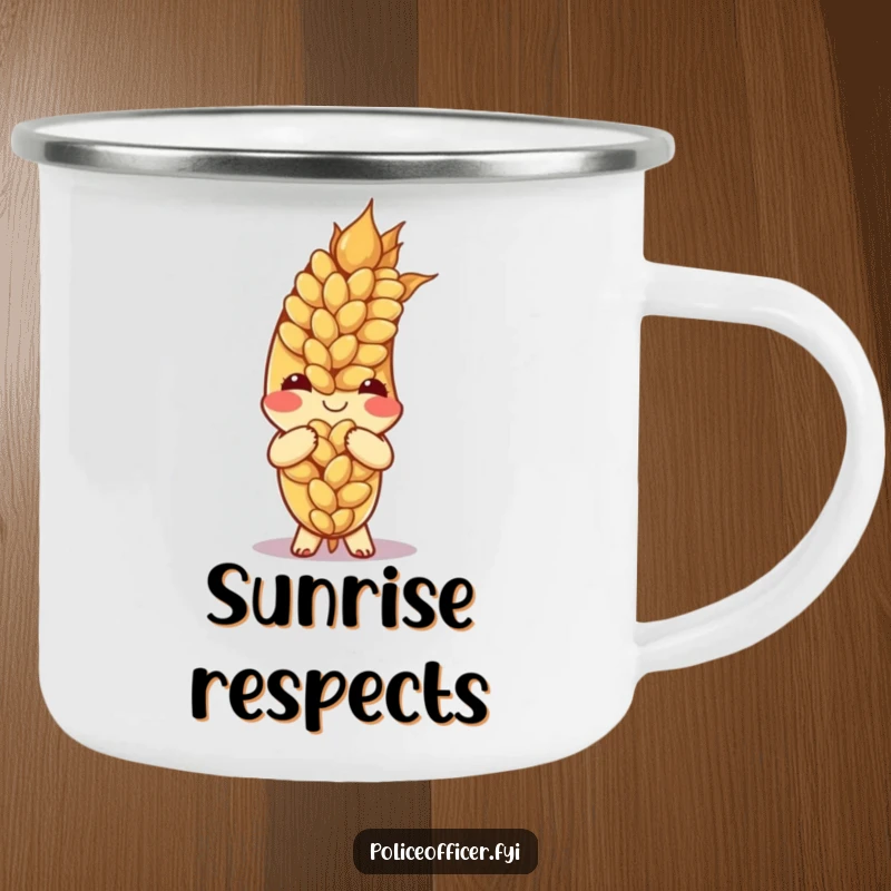 Funny ear of wheat bowing politely on a durable camping mug, ideal for outdoor enjoyment.