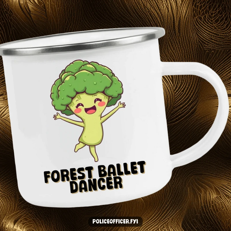 Funny Camping Mug: A smiling broccoli head performing a joyful pirouette, hilariously bringing healthy fun and energetic vibes to outdoor sipping.