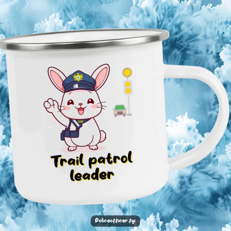 Funny, durable camping mug with a cheerful bunny police officer in a tiny hat, directing traffic with a happy wave.