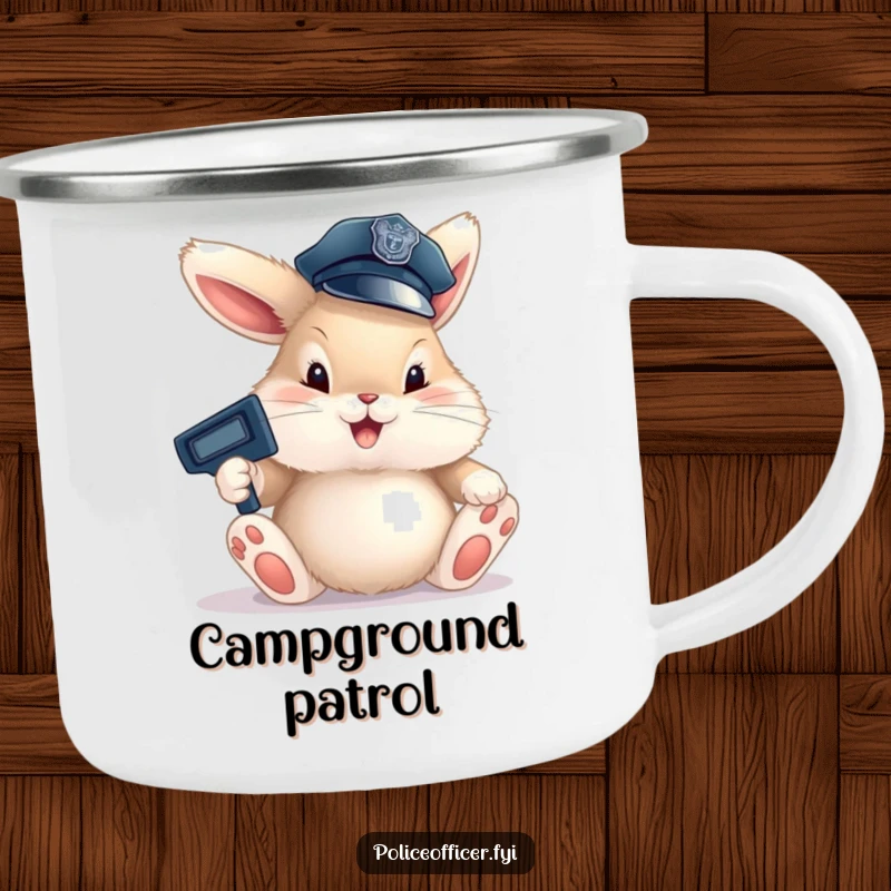 Funny Bunny Cop Camping Mug with a fluffy bunny in a police hat happily directing traffic with large paws, ideal for outdoor drinks.