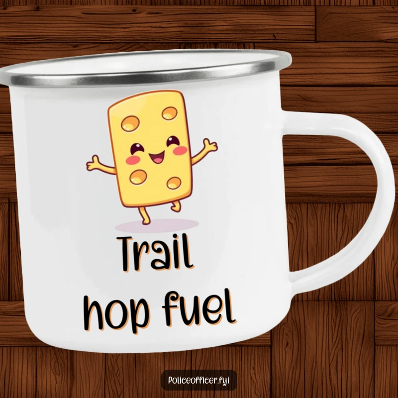 Funny camping mug shows a smiling cheese slice doing a silly hop, perfect for outdoor kitchens and cheese lovers.