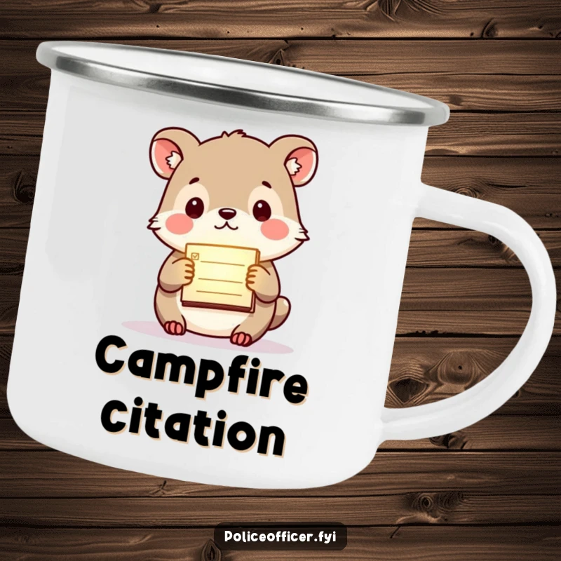 Funny camping mug with a purposeful animal holding a glowing citation pad, perfect for campers who appreciate order and humor.