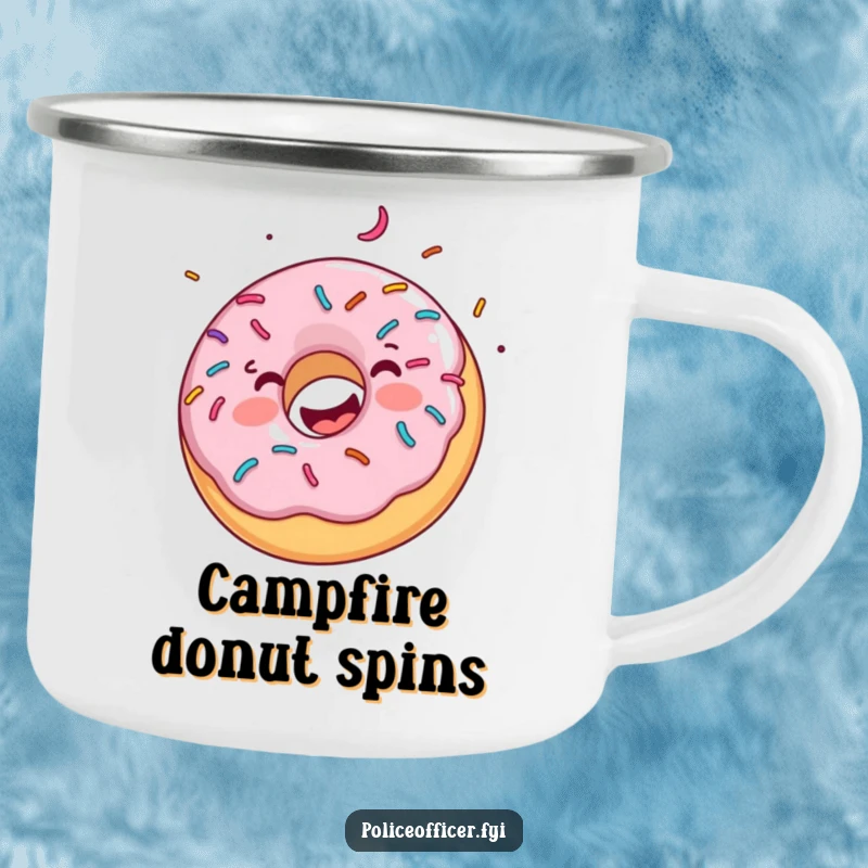 Funny camping mug shows a happy donut with sprinkles spinning joyfully, perfect for outdoor kitchens and sweet-toothed adventurers.