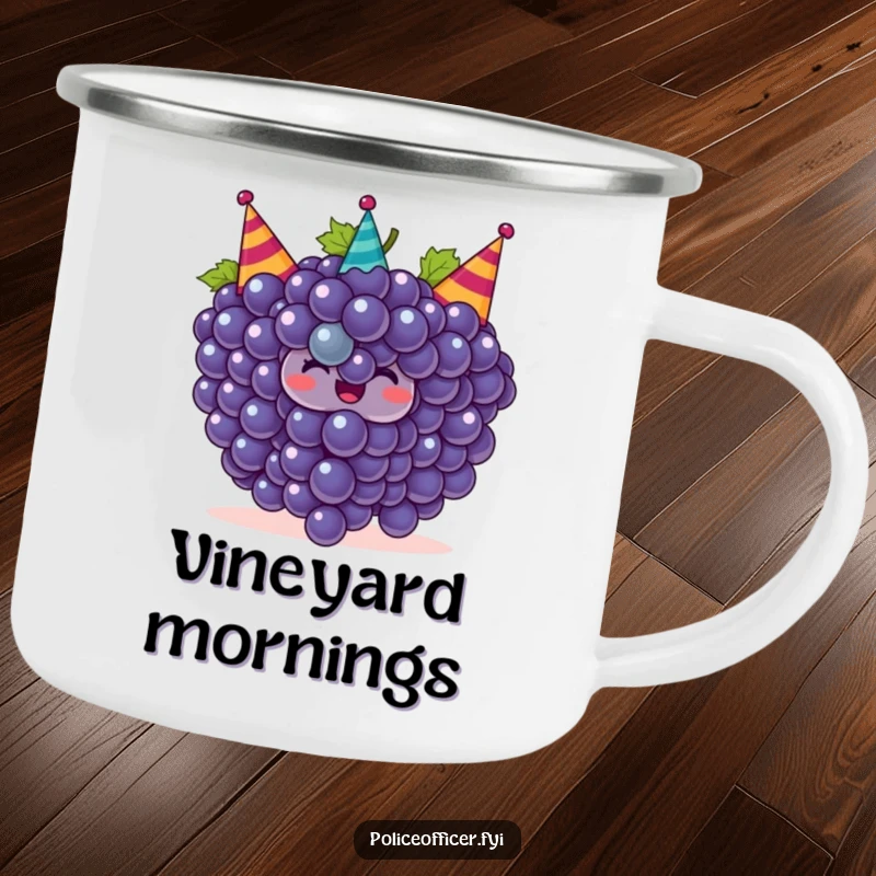 Funny grapes camping mug featuring a smiling bunch of grapes in party hats, perfect for humorous outdoor celebrations.