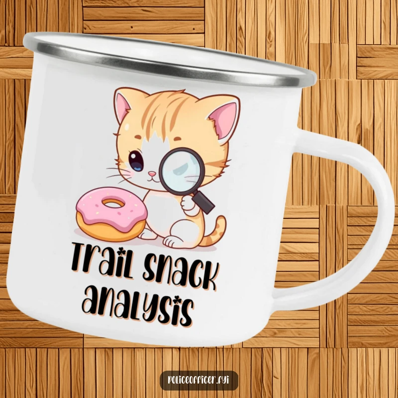 Funny Kitten Detective Camping Mug with a curious kitten using a magnifying glass to examine a smiling donut, ideal for outdoor drinks.