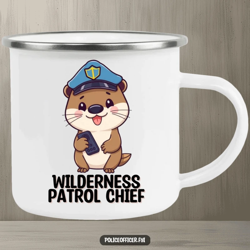 Funny otter cop in a hat, holding a remote, smiling cheerfully on a rugged camping mug.