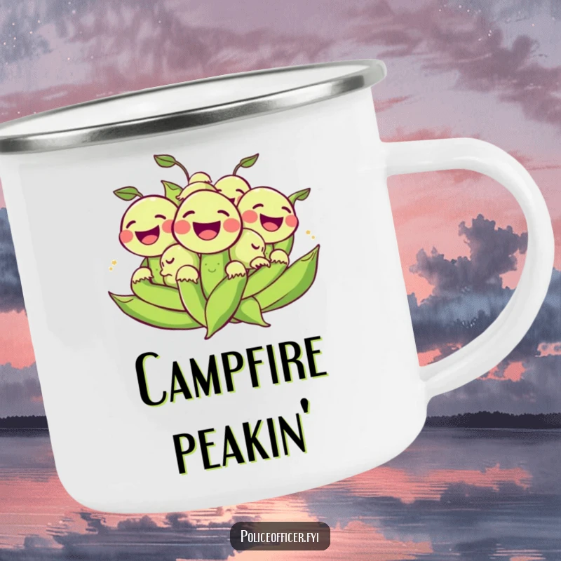 Funny Camping Mug: A cheerful bunch of peas laughing as they roll, hilariously bringing joyful cheer and funny vibes to outdoor sipping.