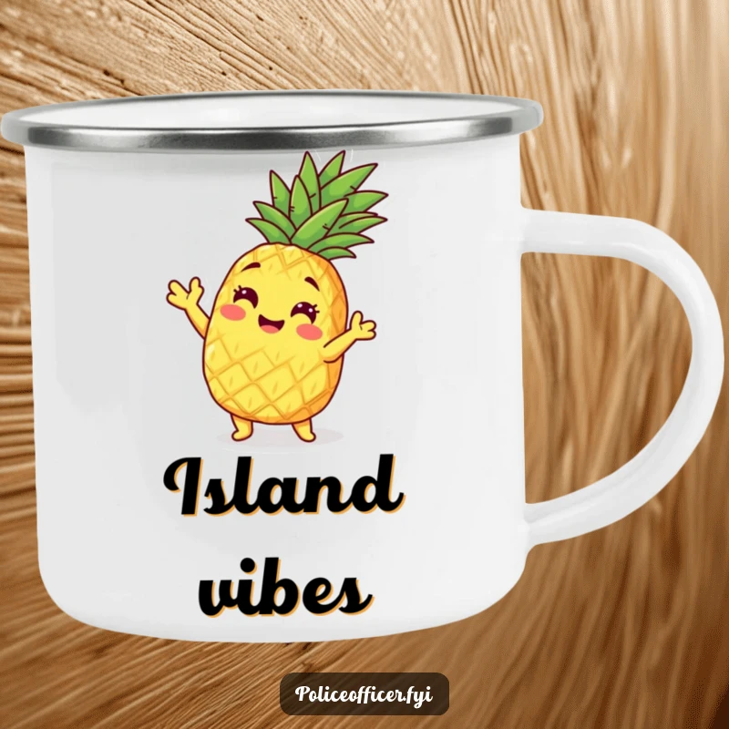 Funny pineapple character striking a playful pose on a durable camping mug, ideal for outdoor use.