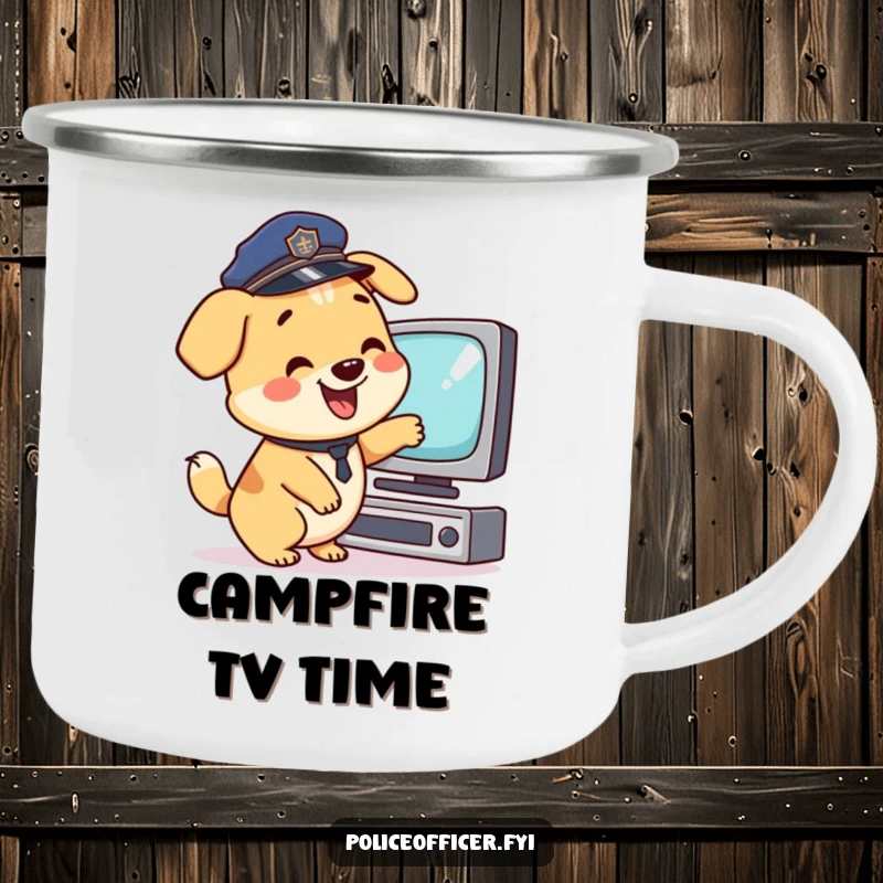 Funny Camping Mug: Happy dog in police hat pointing at TV, wagging tail, a rugged funny gift.