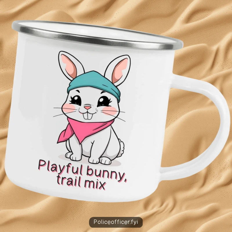 Funny Rabbit Camping Mug with a playful rabbit, ripped bandana, and mischievous grin, perfect for outdoor brews and bringing smiles.