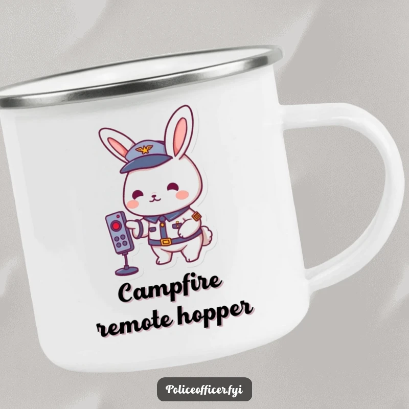 Playful rabbit in a uniform pressing a remote button, on a rugged and funny camping mug.