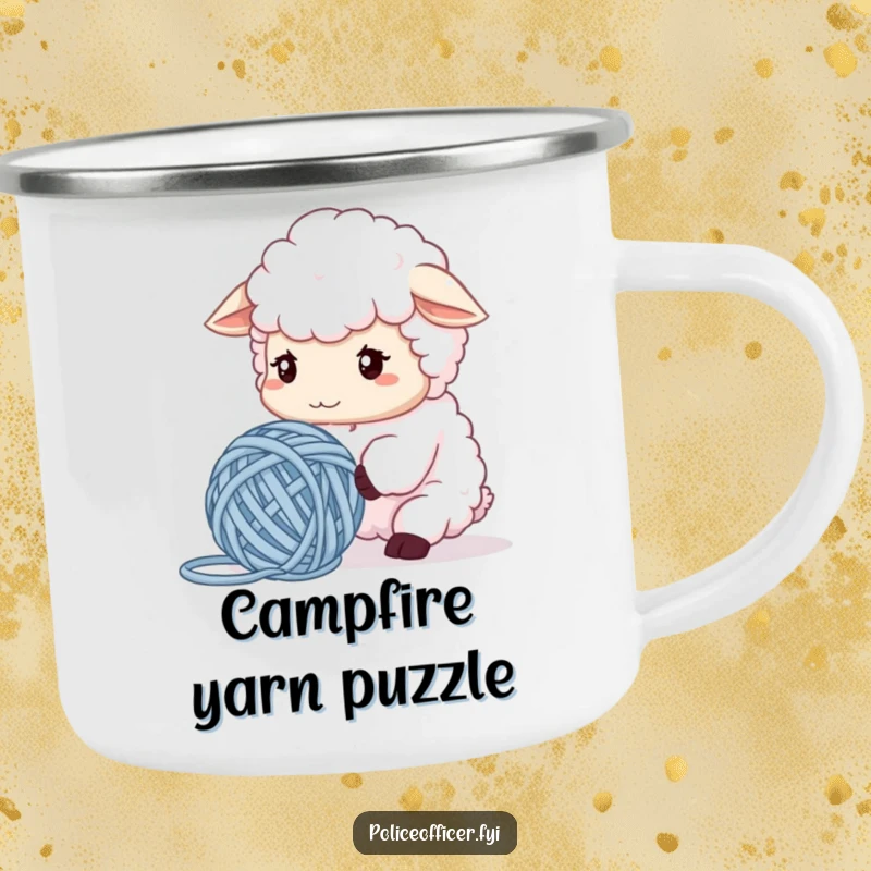 Funny Sheep Camping Mug showcasing a fluffy sheep confused by tangled yarn, radiating outdoor crafting humor and relatability, perfect for adventurers and gift.