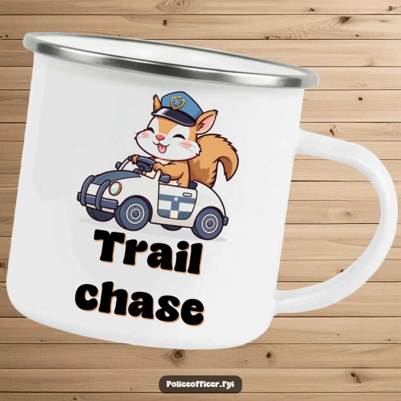 Funny Camping Mug with a giggling squirrel in a police hat riding a toy police car, perfect for outdoor fun.