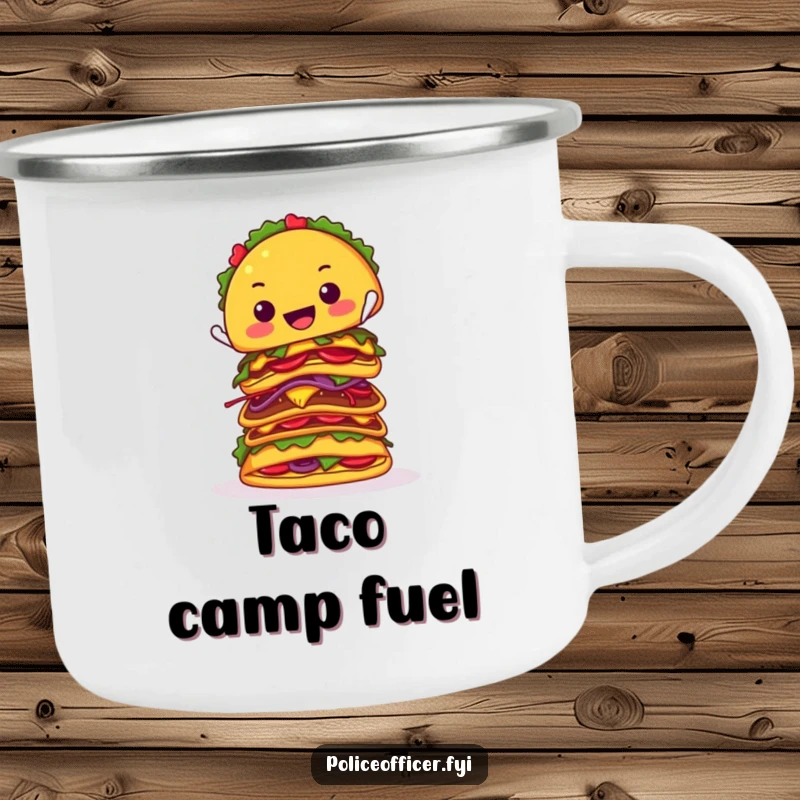Funny camping mug shows a happy taco balancing a precarious tower of tacos, ideal for rustic kitchens and outdoor enthusiasts.