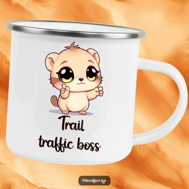 Funny camping mug with a creature directing traffic with tiny paw gestures, perfect for adventurers who like order and laughs.