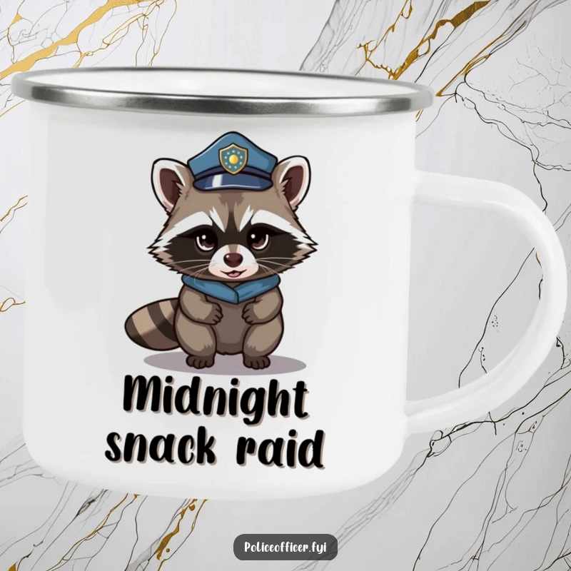 Funny camping mug with a stealthy raccoon in a police hat, tiptoeing with a mischievous glint. For adventures.