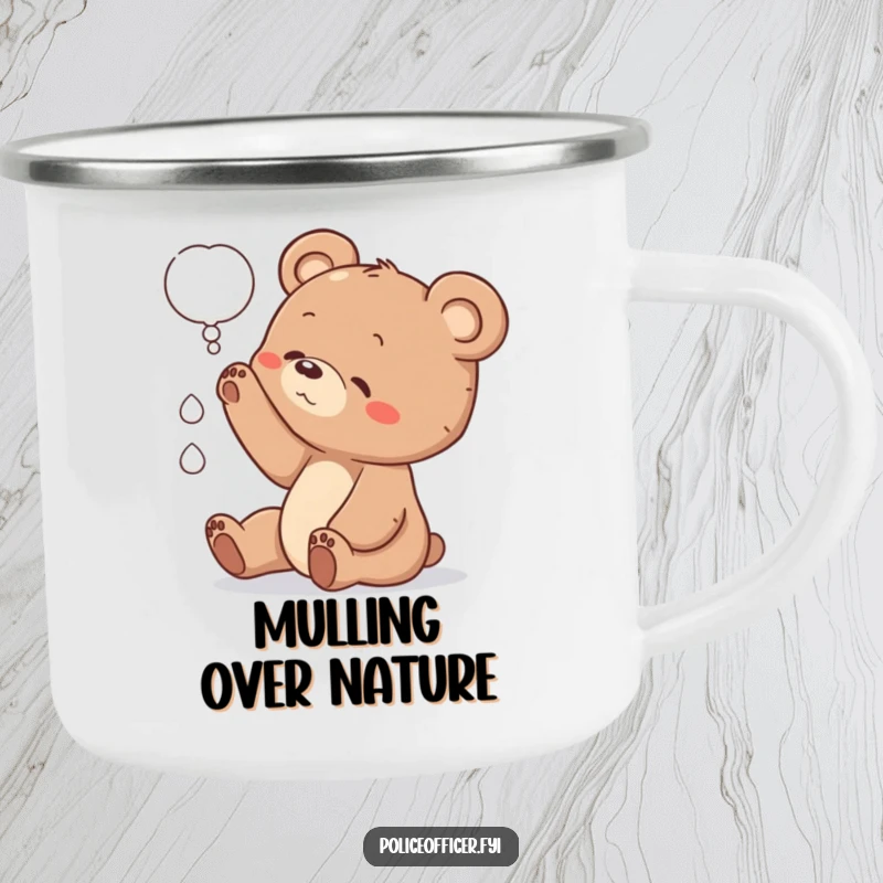 Funny bear cub camping mug featuring a cub reaching for a thought bubble, perfect for outdoor enthusiasts with a curious spirit.