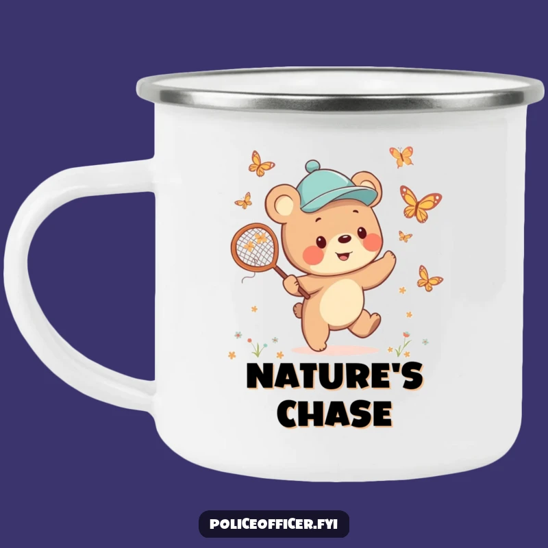 Funny Bear Cub Camping Mug: Enamel, Jaunty Cap Cup for Cheerful Adventures
