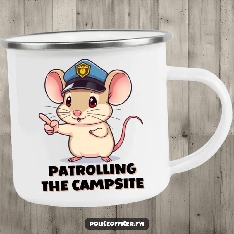 Funny Mouse Camping Mug featuring a mouse police officer, tiny determined pointing finger, ensuring orderly outdoor drinks, a perfect funny gift.