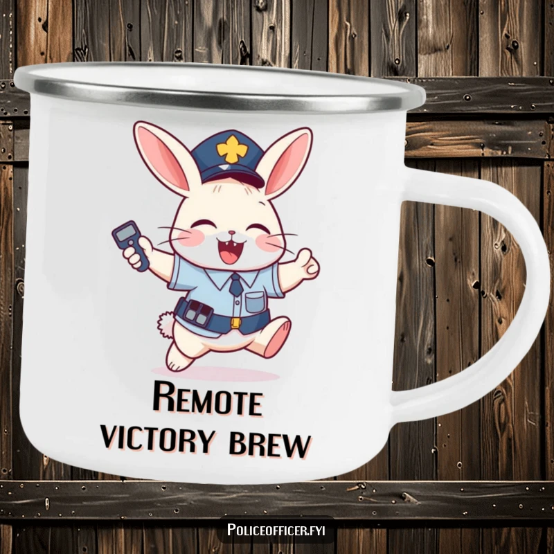 Funny Camping Mug: Mischievous bunny in police uniform jumps with joy holding remote, a rugged funny gift.