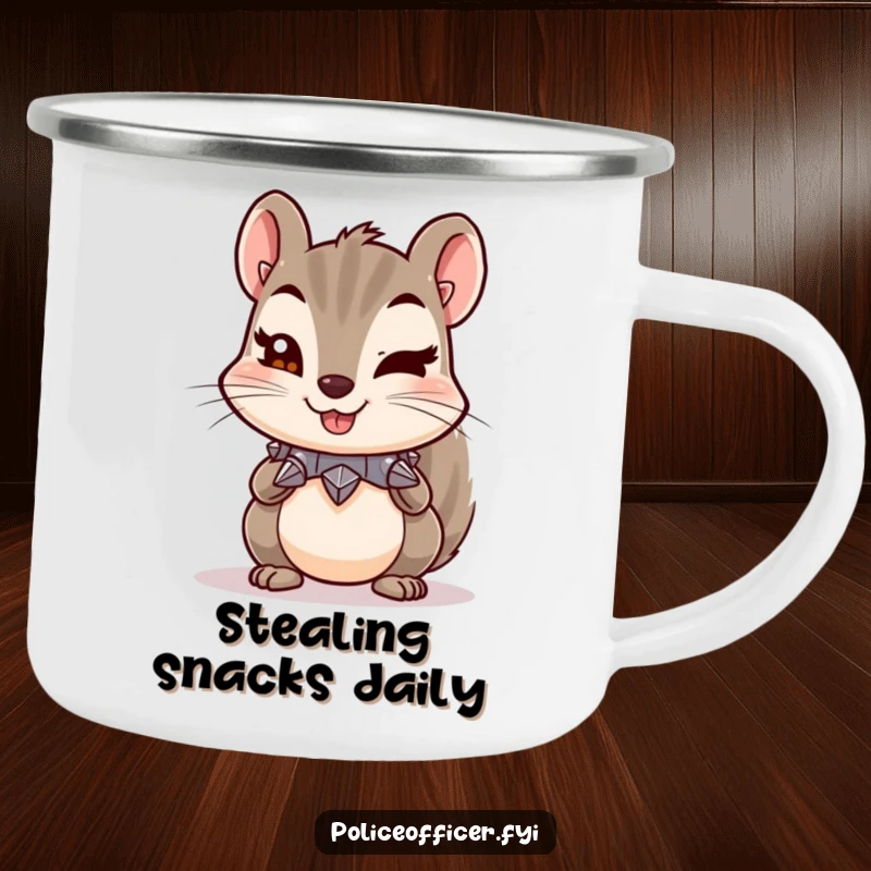 Funny camping mug featuring a mischievous squirrel with a tiny spiked collar and a cheeky wink, perfect for outdoor humor.