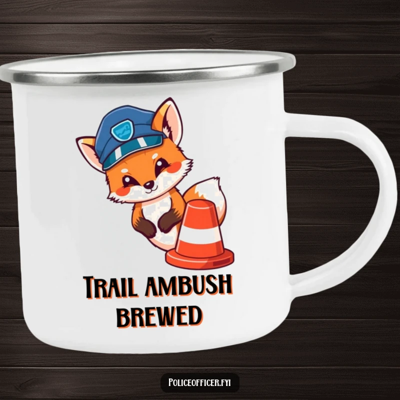 Funny, durable camping mug featuring a cute fox police officer peeking out from behind a traffic cone.