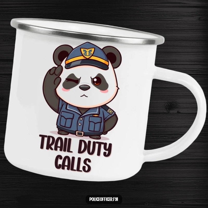 Funny camping mug with a determined panda in a police uniform saluting with a wink. For outdoor enthusiasts.