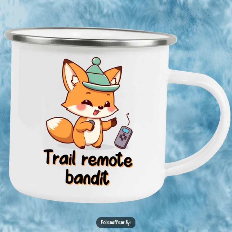 Mischievous fox with a tiny hat pointing at a remote, on a rugged and funny camping mug.