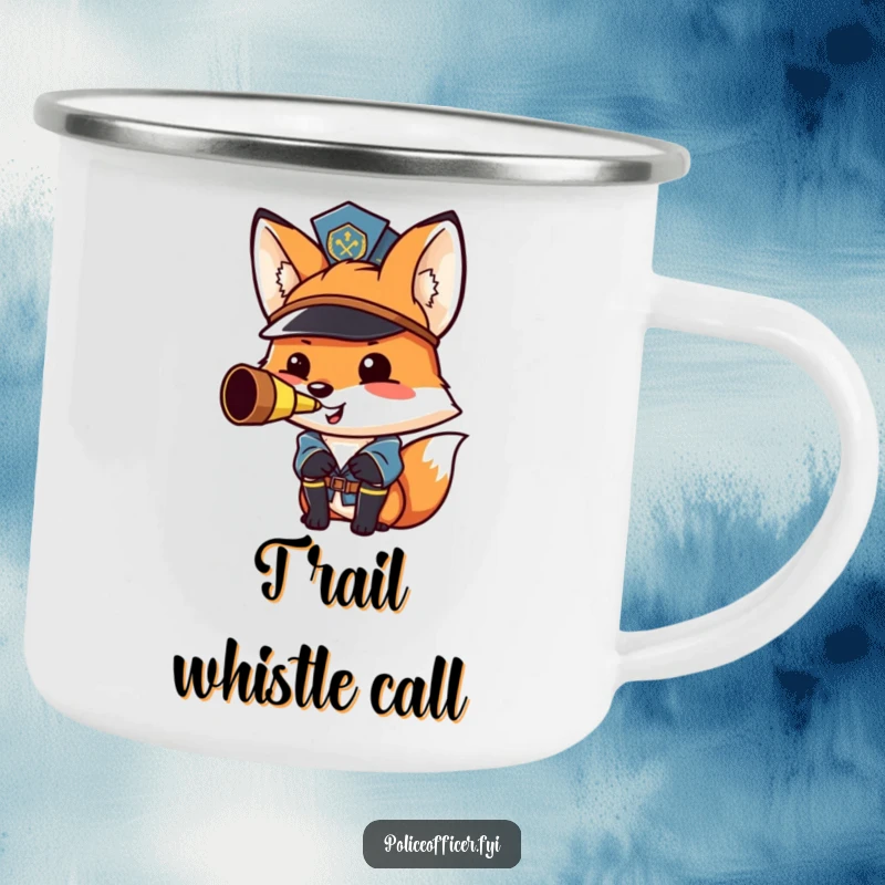 Funny fox police officer camping mug: a proud, smiling fox blows a whistle on a durable outdoor mug.