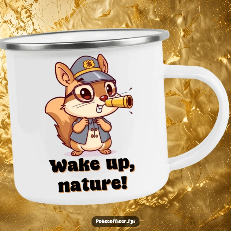 Funny camping mug featuring an energetic squirrel police officer blowing a whistle, ready for any outdoor challenge with enthusiasm.
