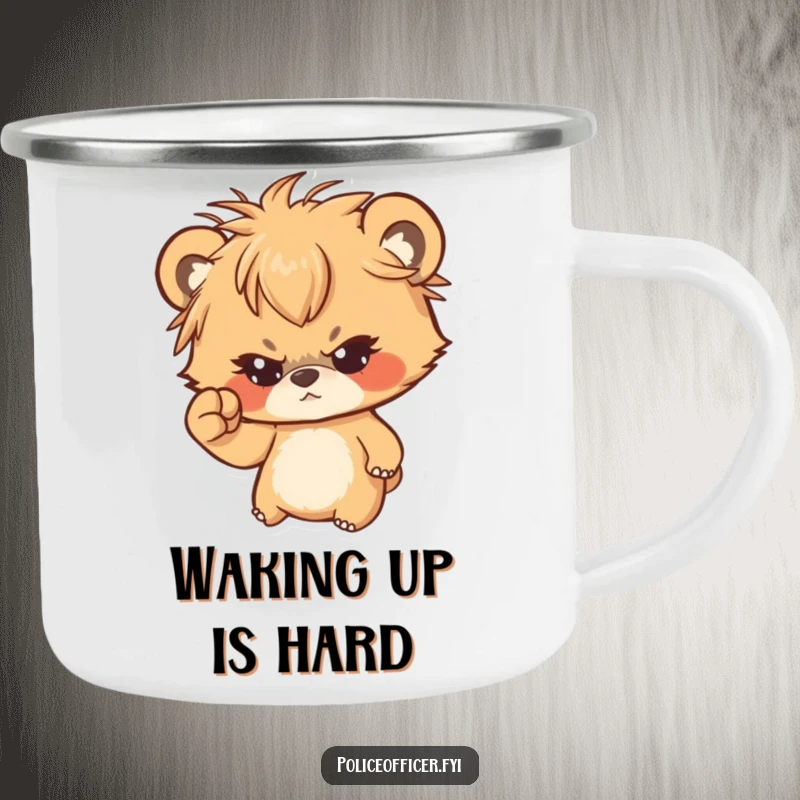 Funny camping mug featuring a determined bear cub with messy hair shaking a tiny fist, perfect for outdoor humor.