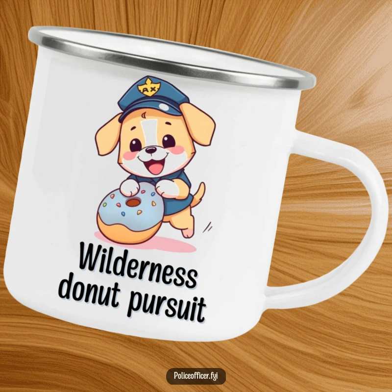 Funny puppy police officer camping mug: a happy dog in uniform chasing a donut, durable for adventures.
