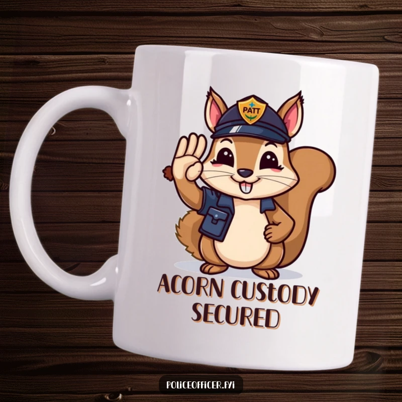 Funny Mug: A happy squirrel in a police uniform saluting smartly, holding an acorn, a symbol of heroic cheer.
