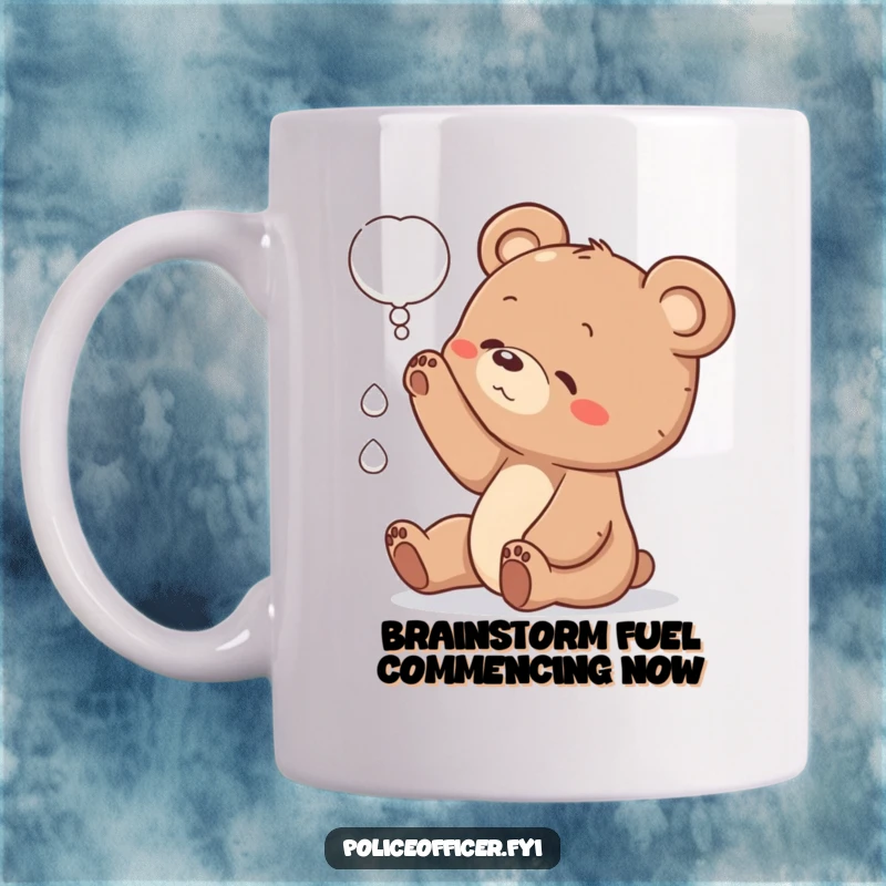 Funny bear cub mug with a curious head tilt, reaching for a dangling thought bubble, showcasing playful innocence and wonder.