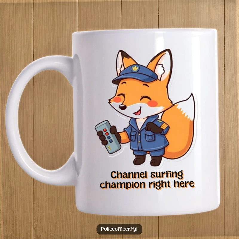 Funny Fox Mug: Uniformed fox smiling, paw raised, holding a remote control, representing tech-savvy humor and cleverness.