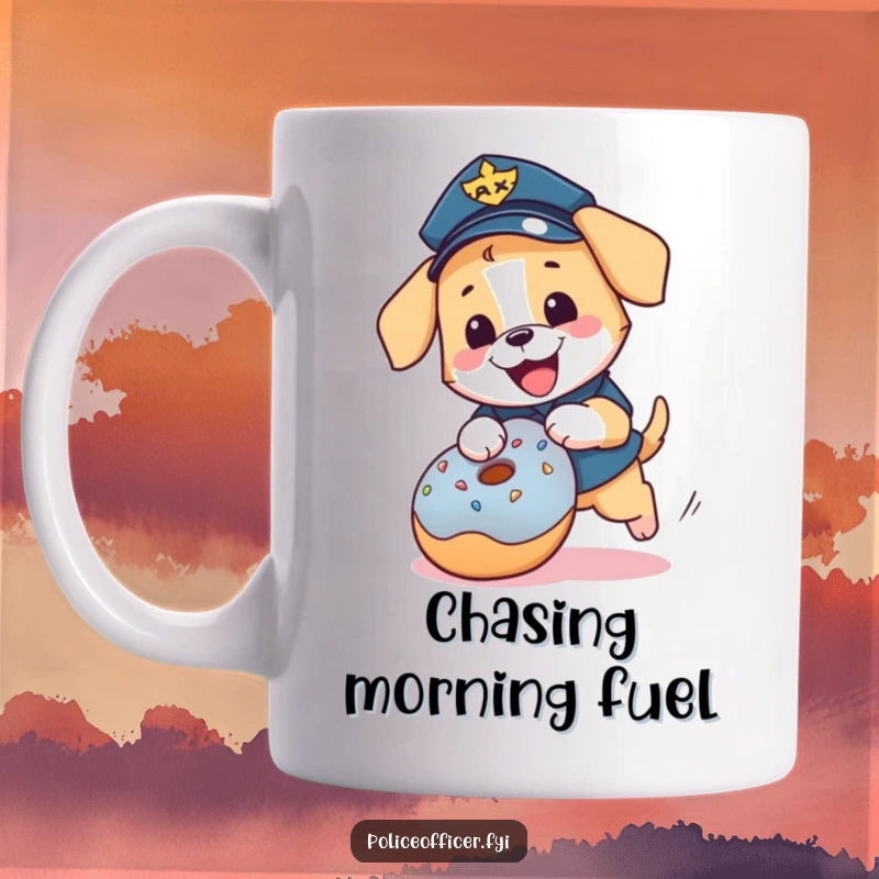 Funny puppy police officer mug: a happy, uniformed dog playfully chasing a runaway donut.