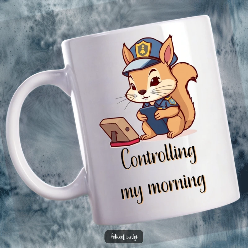 Funny Squirrel Cop Mug: Determined squirrel in police costume intently watching a remote control, conveying humorous authority.