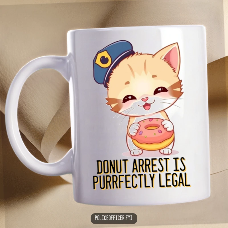 Funny kitten in a police cap giggling while holding a giant donut, ready to toss it playfully. A cute and humorous design.